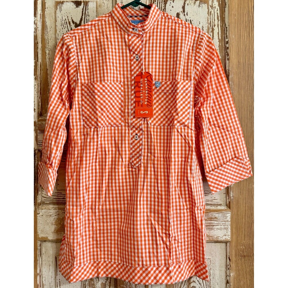 Pennington & Bailes Long Sleeve Cotton Gingham Shirt - Orange White - Small